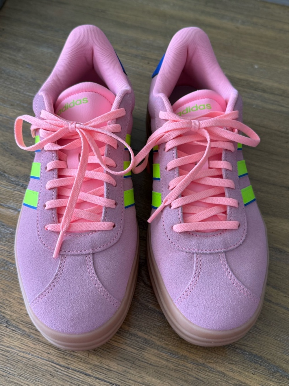 adidas Pink Suede Sneakers with Neon Green Stripes and Blue Heel
